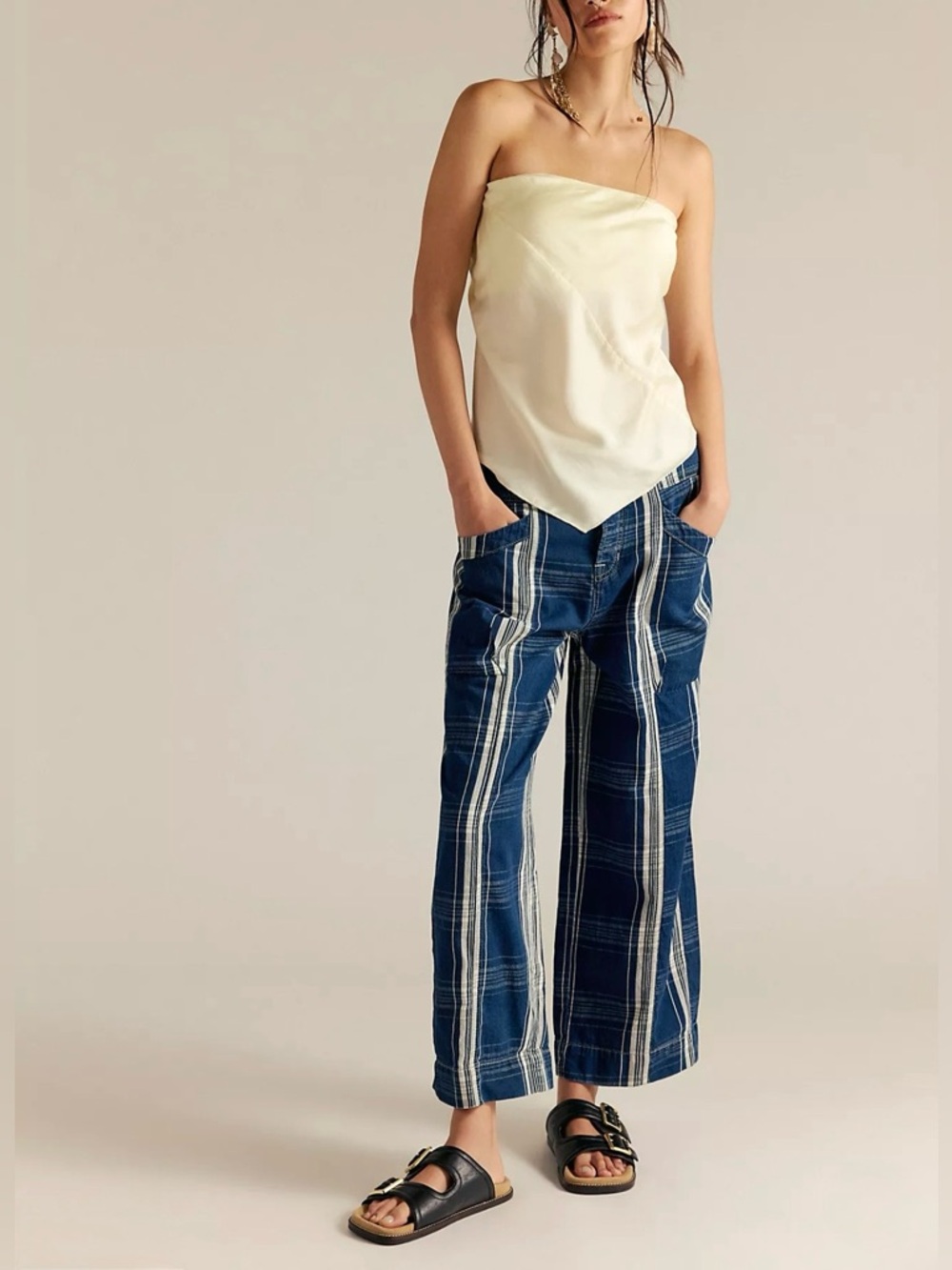 Free People Rose Hall Low Strung Trousers size 24 Blue Plaid